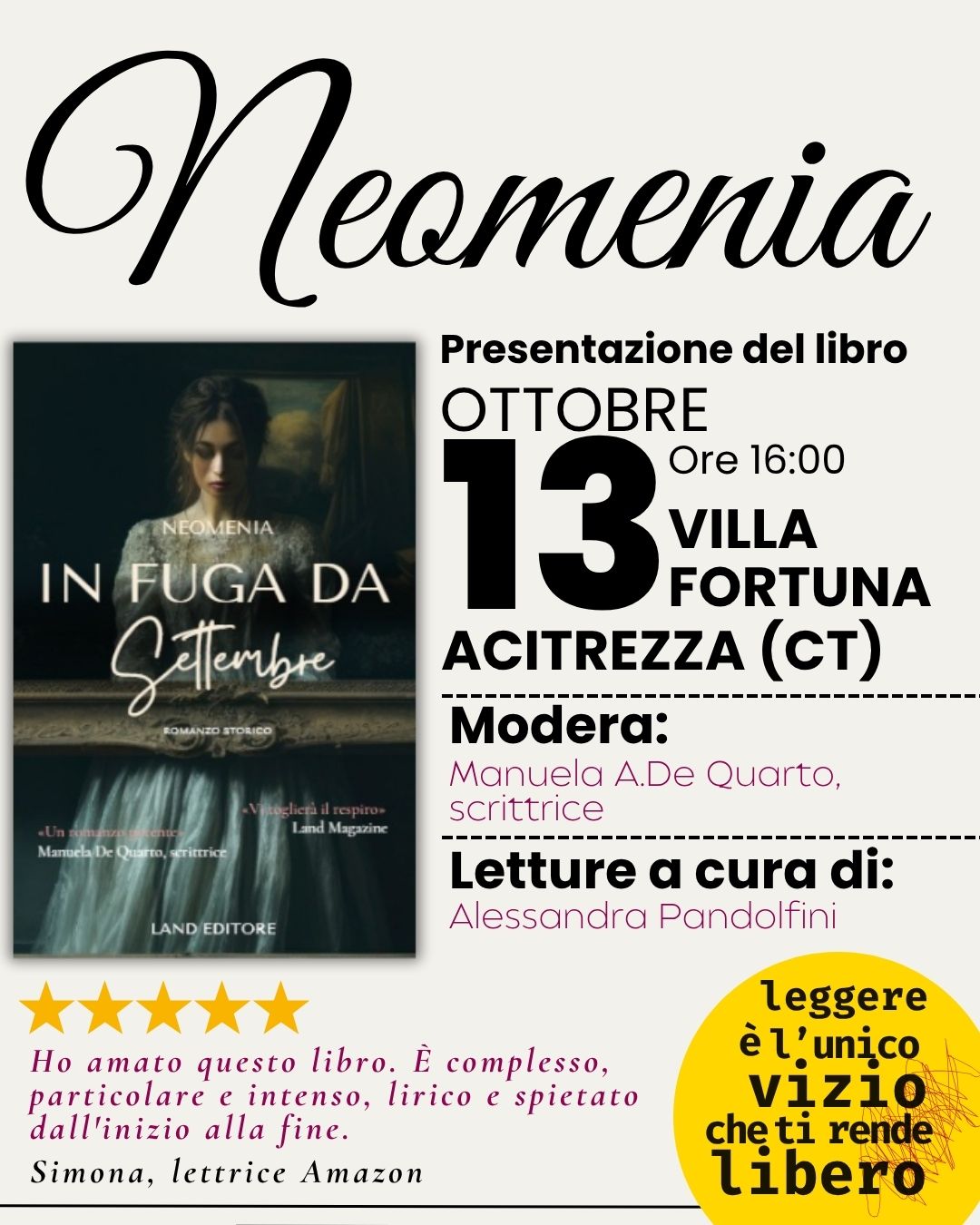 Presentazione del romanzo storico “In fuga da Settembre” di NeomeniaVilla Fortuna – Aci Trezza (CT), 13 ottobre 2025 ore 16:00